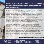 El Directorio de la CONACOM sancionó a APESA por incumplimiento del deber de colaboración con la institución